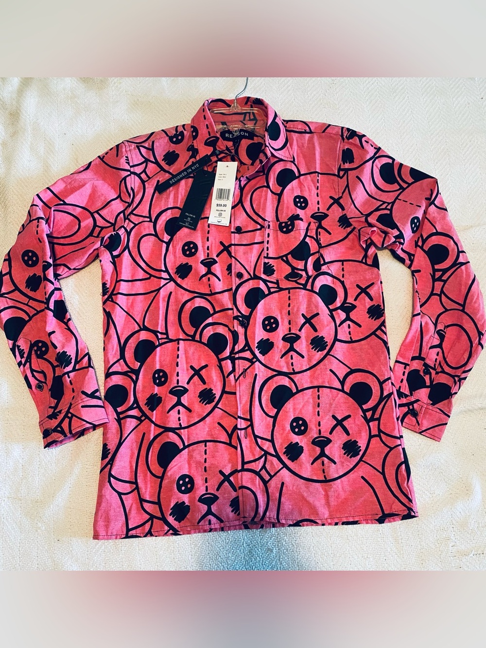 Reason Pink Long-Sleeve Button-Down Shirt with Bear Print